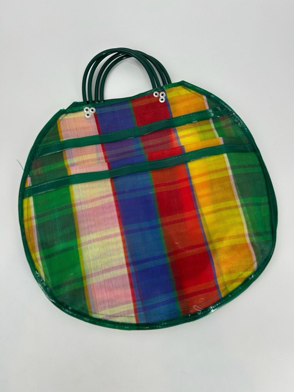 Vintage Colorful Mesh Market Tote Bag Plaid Plastic Handles Beach Grocery 14x14